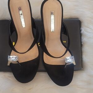 Women's Black Slingback Heeled Sandals with Crystal Accent